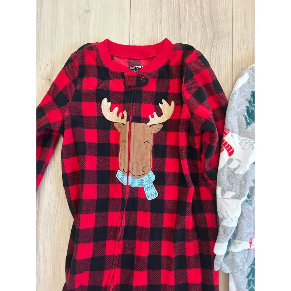 Lot Of 2 Carter’s Zip Up Red Plaid Footed Pajamas Pjs Moose Polar Bear 4T